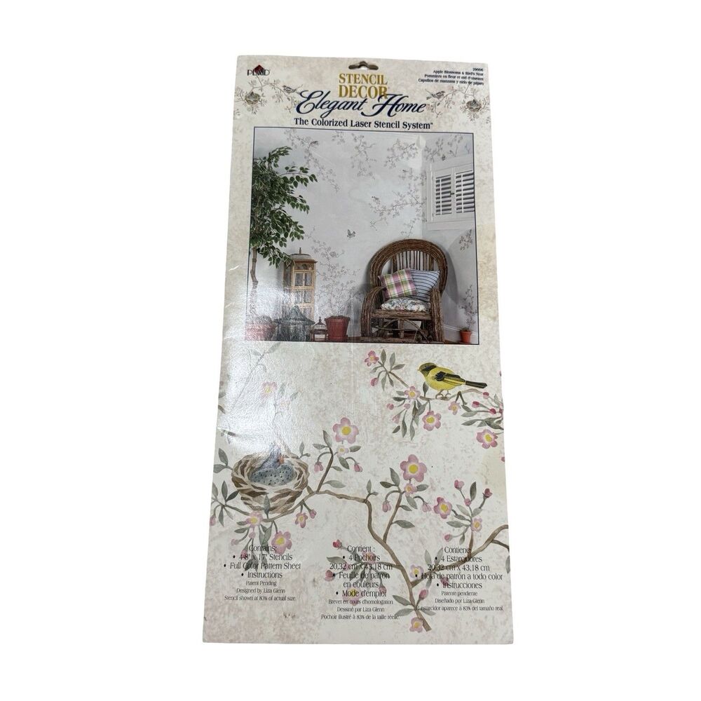 Vtg Plaid Apple Blossoms Birds Nest Robin Stencil Kit Laser Cut 29006 Country